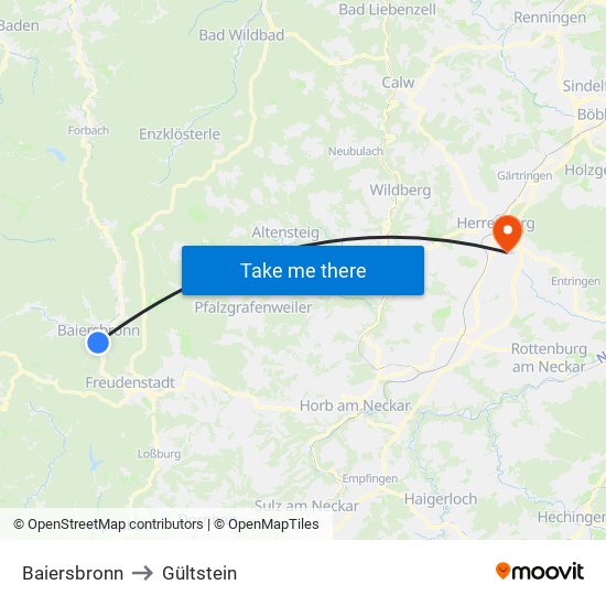 Baiersbronn to Gültstein map