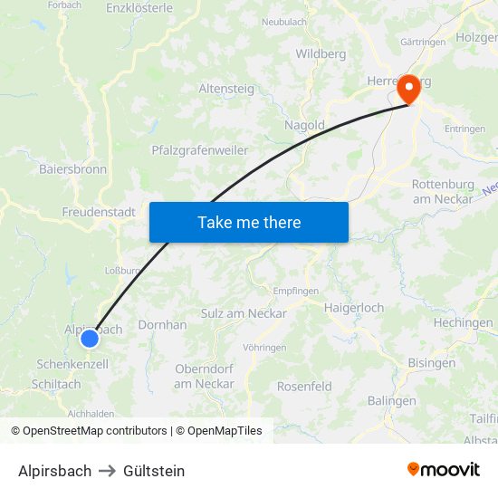 Alpirsbach to Gültstein map