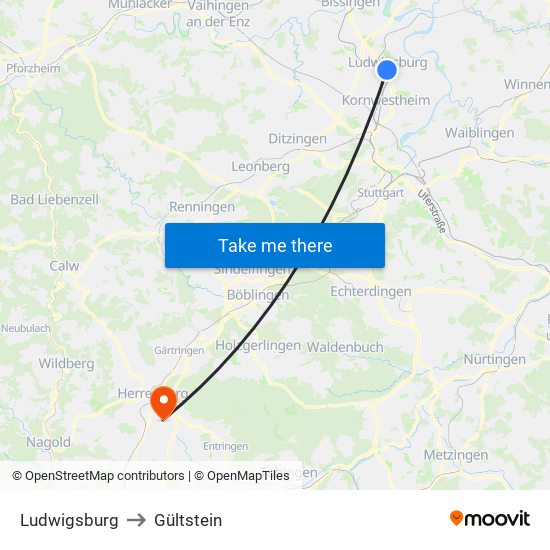 Ludwigsburg to Gültstein map