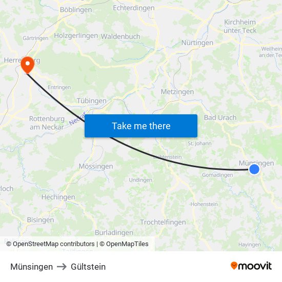 Münsingen to Gültstein map