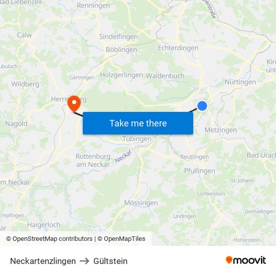 Neckartenzlingen to Gültstein map