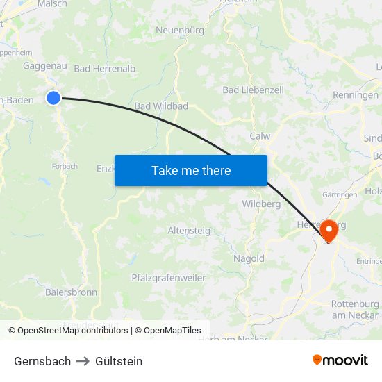 Gernsbach to Gültstein map