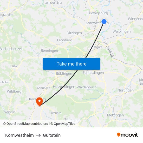 Kornwestheim to Gültstein map