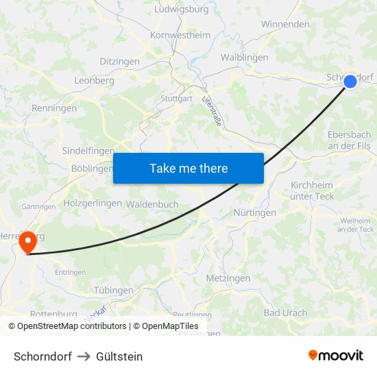 Schorndorf to Gültstein map