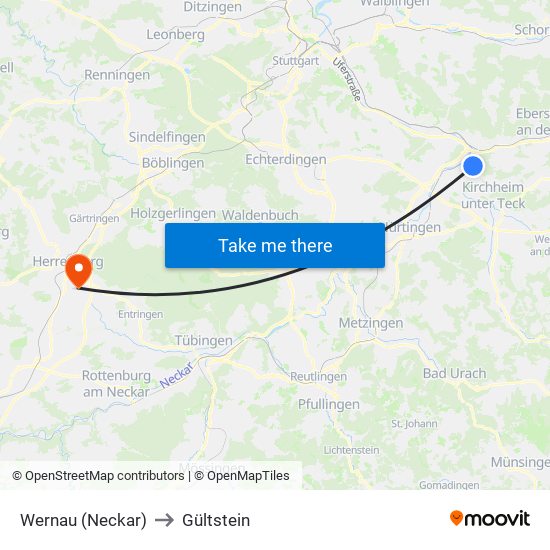 Wernau (Neckar) to Gültstein map