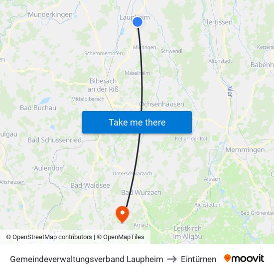 Gemeindeverwaltungsverband Laupheim to Eintürnen map