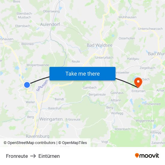 Fronreute to Eintürnen map