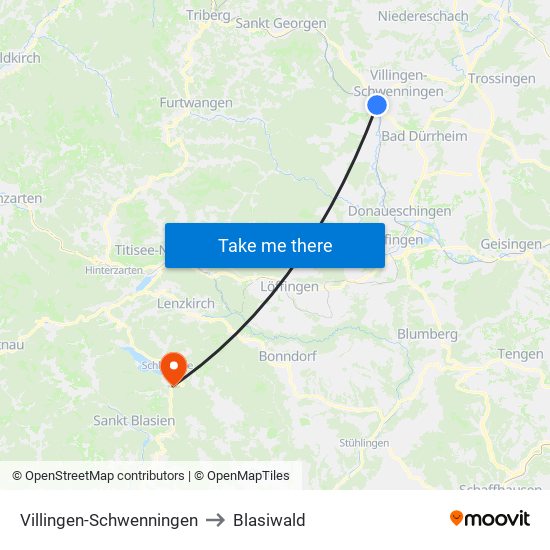 Villingen-Schwenningen to Blasiwald map