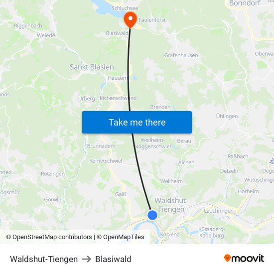 Waldshut-Tiengen to Blasiwald map