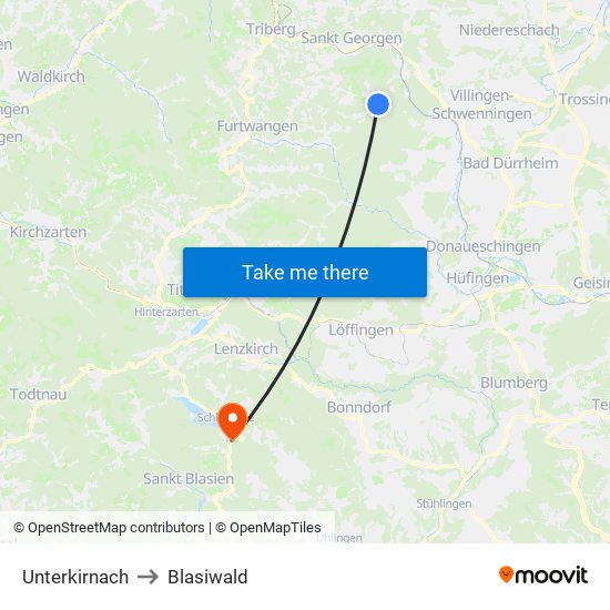 Unterkirnach to Blasiwald map