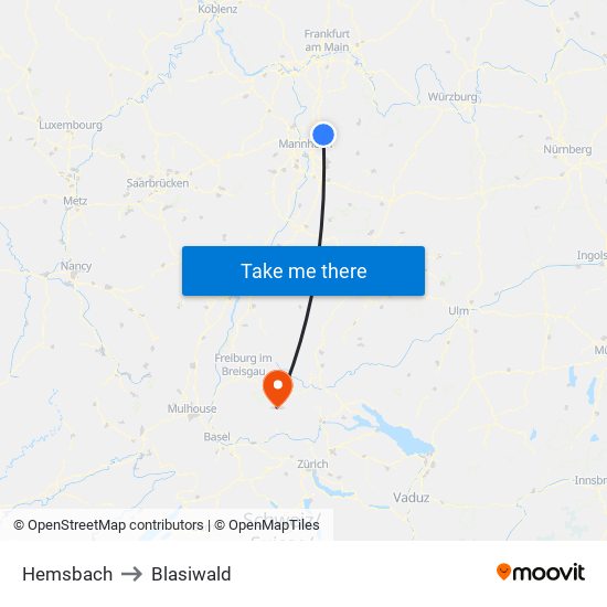 Hemsbach to Blasiwald map