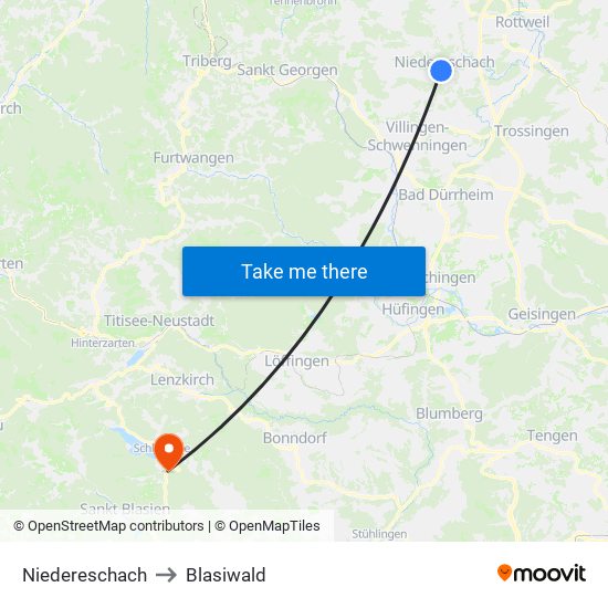 Niedereschach to Blasiwald map