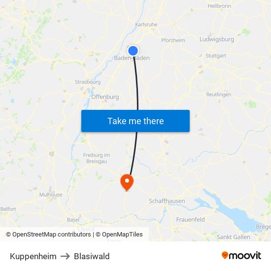 Kuppenheim to Blasiwald map