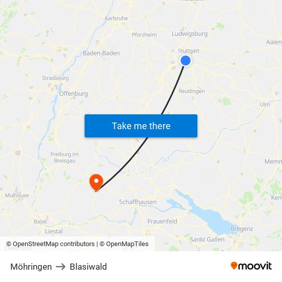 Möhringen to Blasiwald map