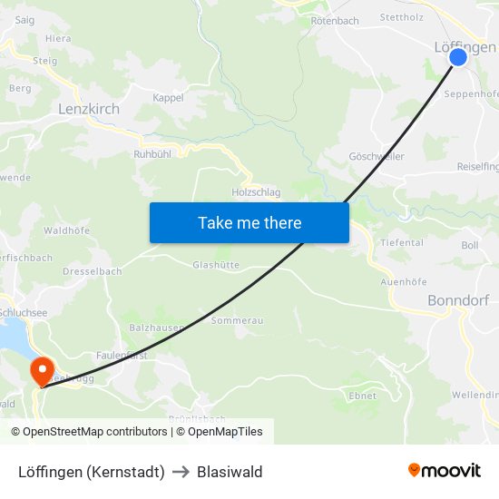 Löffingen (Kernstadt) to Blasiwald map