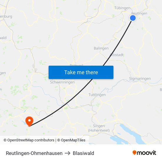 Reutlingen-Ohmenhausen to Blasiwald map