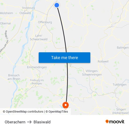 Oberachern to Blasiwald map