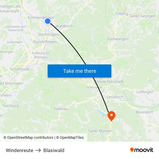 Windenreute to Blasiwald map