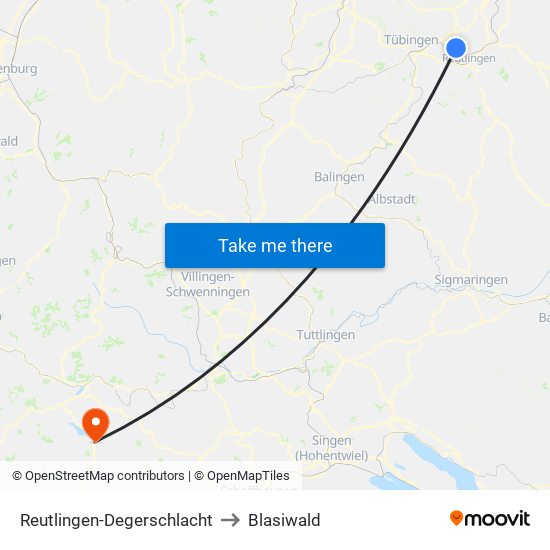 Reutlingen-Degerschlacht to Blasiwald map