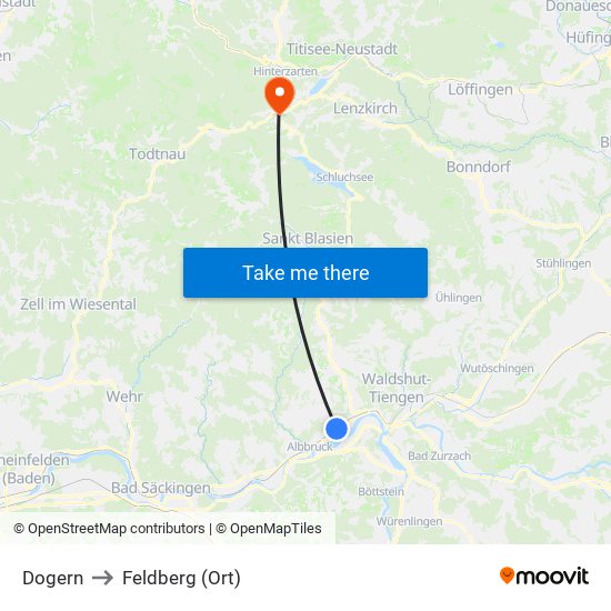 Dogern to Feldberg (Ort) map