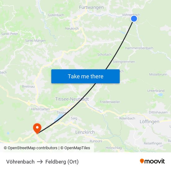 Vöhrenbach to Feldberg (Ort) map