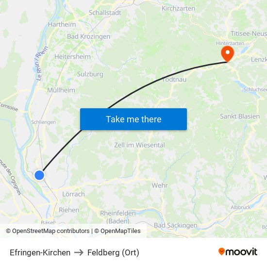 Efringen-Kirchen to Feldberg (Ort) map