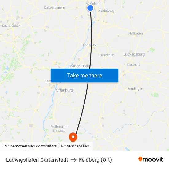 Ludwigshafen-Gartenstadt to Feldberg (Ort) map