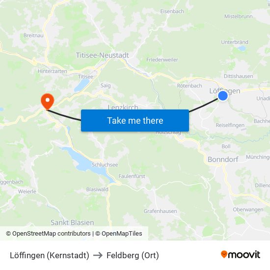 Löffingen (Kernstadt) to Feldberg (Ort) map