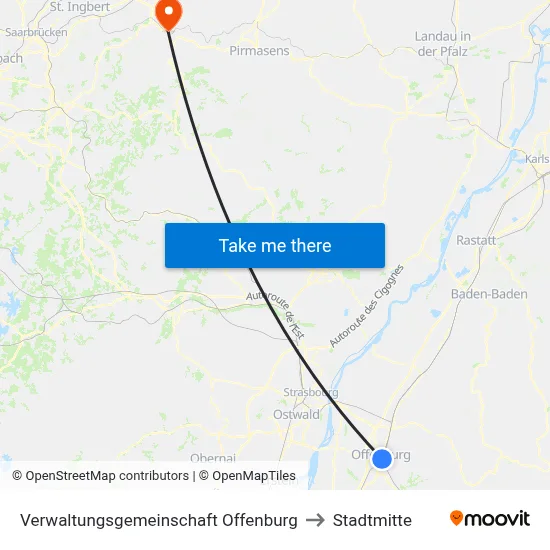 Verwaltungsgemeinschaft Offenburg to Stadtmitte map