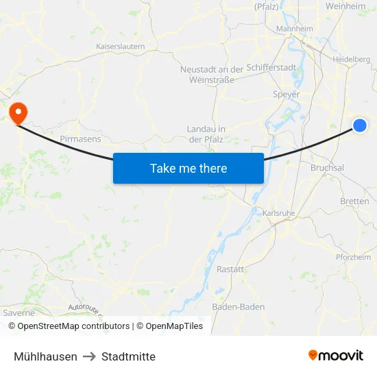Mühlhausen to Stadtmitte map