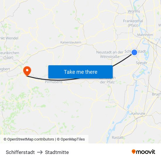 Schifferstadt to Stadtmitte map