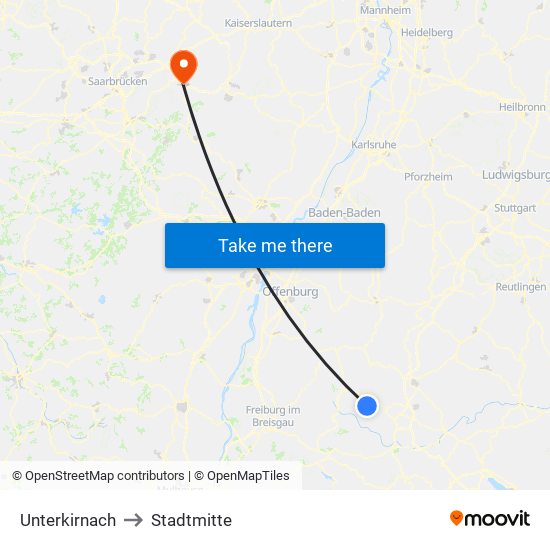 Unterkirnach to Stadtmitte map