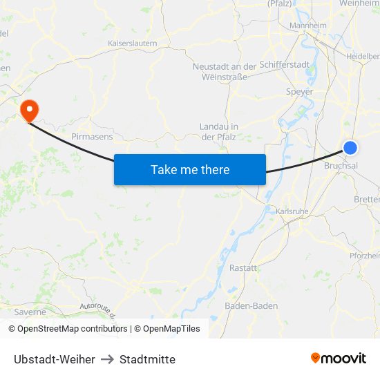 Ubstadt-Weiher to Stadtmitte map