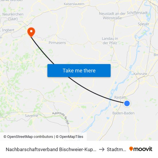 Nachbarschaftsverband Bischweier-Kuppenheim to Stadtmitte map