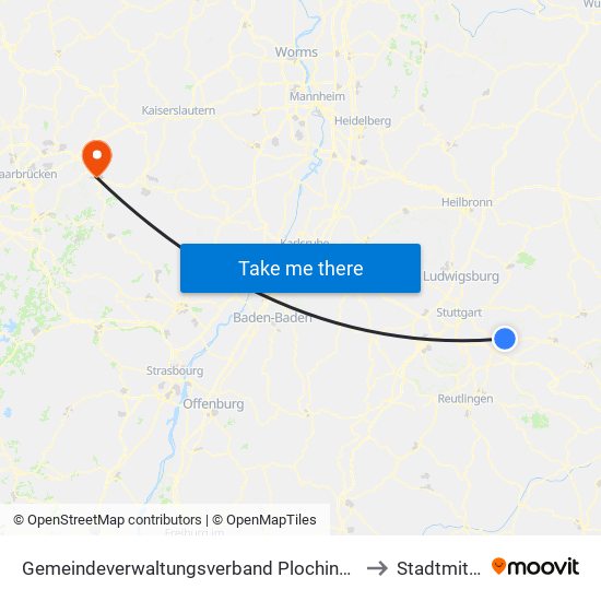 Gemeindeverwaltungsverband Plochingen to Stadtmitte map