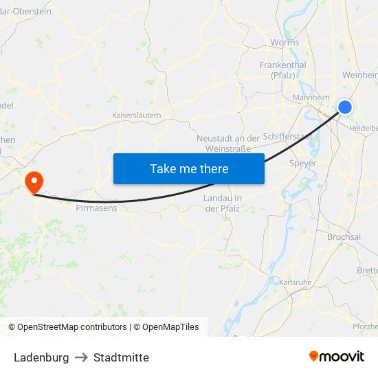 Ladenburg to Stadtmitte map