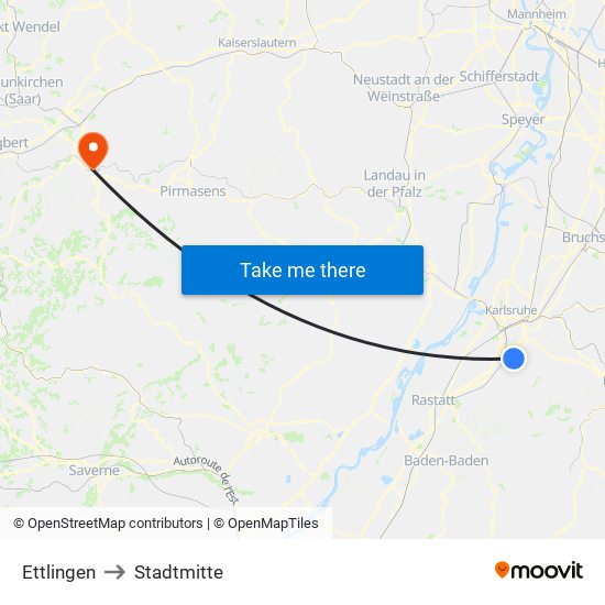 Ettlingen to Stadtmitte map