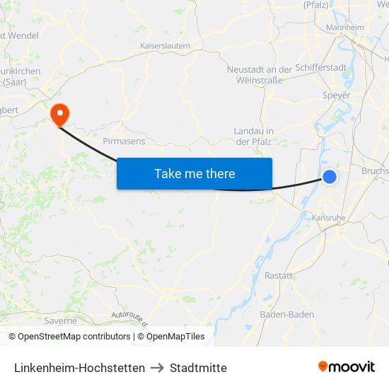 Linkenheim-Hochstetten to Stadtmitte map