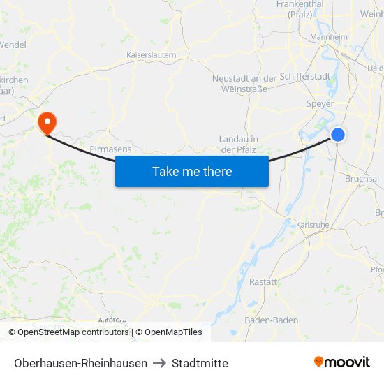 Oberhausen-Rheinhausen to Stadtmitte map