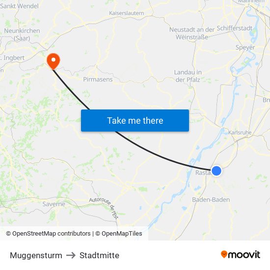 Muggensturm to Stadtmitte map