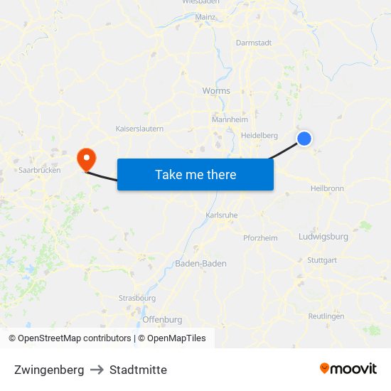Zwingenberg to Stadtmitte map