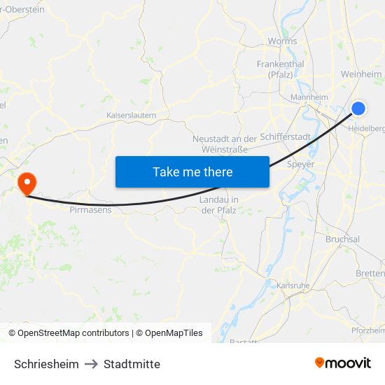 Schriesheim to Stadtmitte map