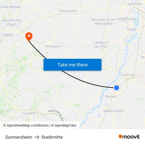 Durmersheim to Stadtmitte map