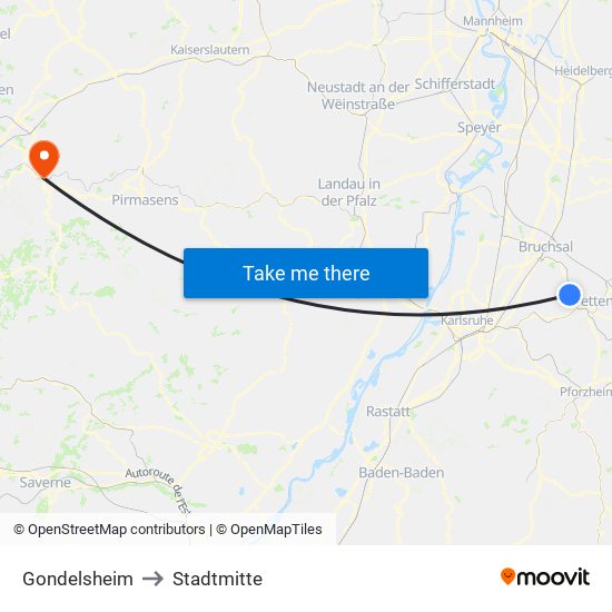 Gondelsheim to Stadtmitte map