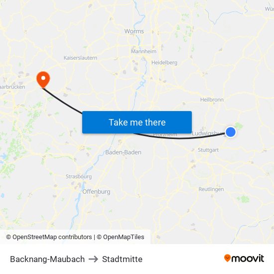 Backnang-Maubach to Stadtmitte map