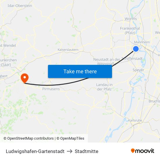 Ludwigshafen-Gartenstadt to Stadtmitte map
