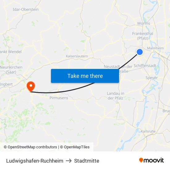 Ludwigshafen-Ruchheim to Stadtmitte map