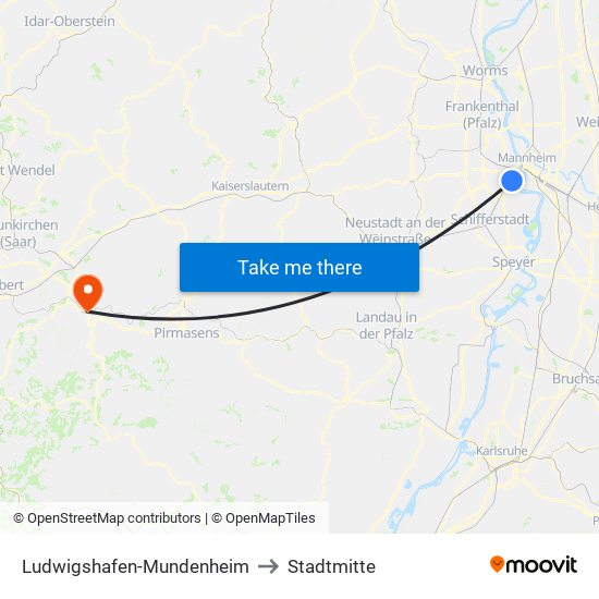 Ludwigshafen-Mundenheim to Stadtmitte map