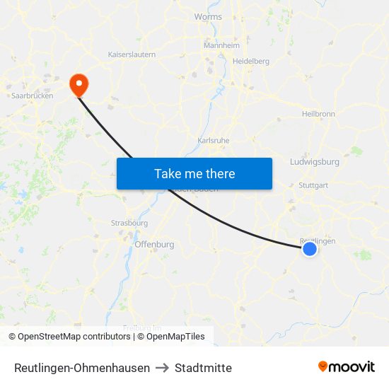 Reutlingen-Ohmenhausen to Stadtmitte map