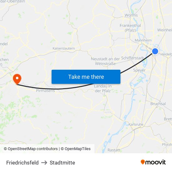 Friedrichsfeld to Stadtmitte map